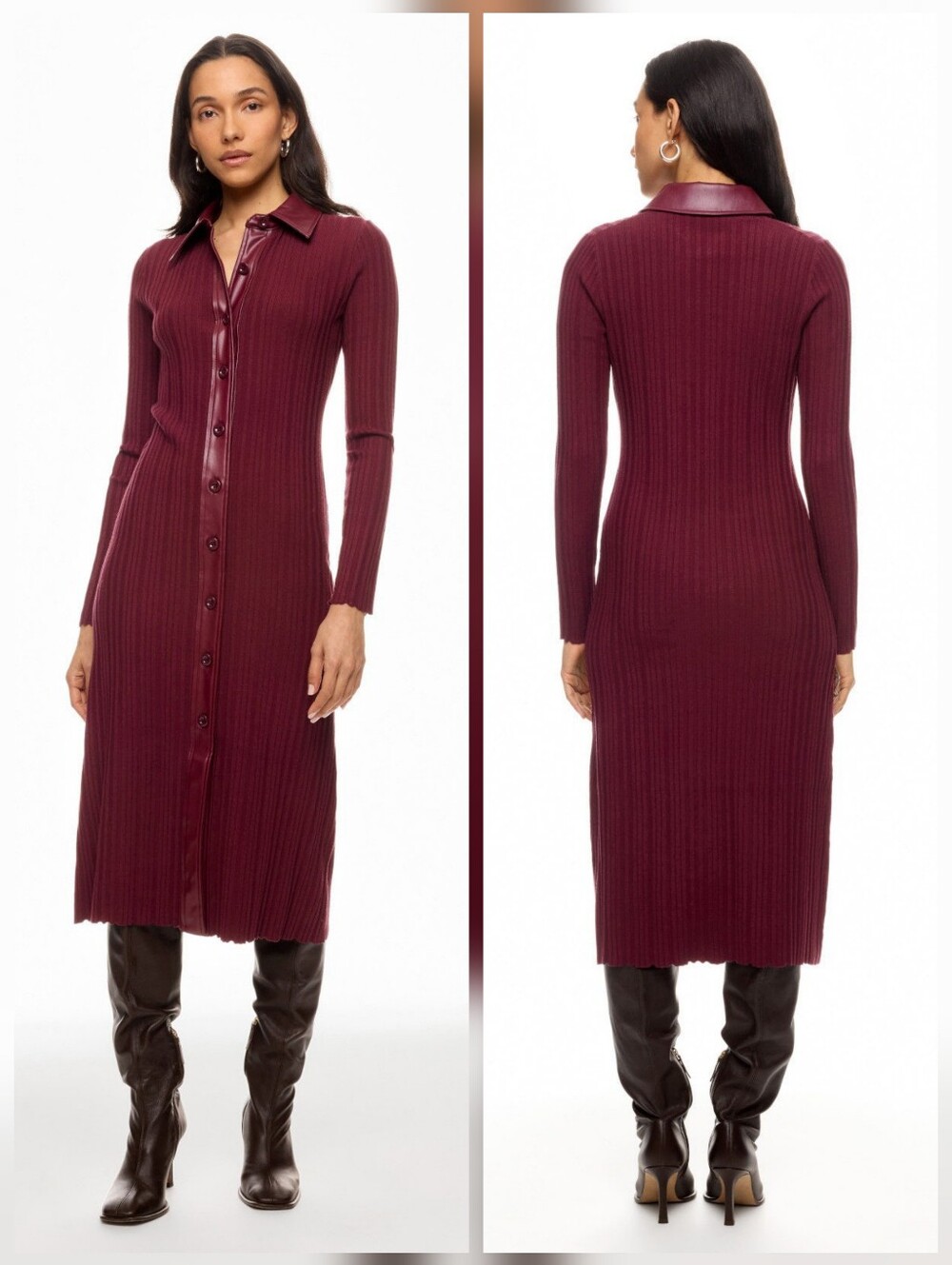 Toccin Variegated Rib Knit Leather Combo Dress Collared Long Sleeve Size XS